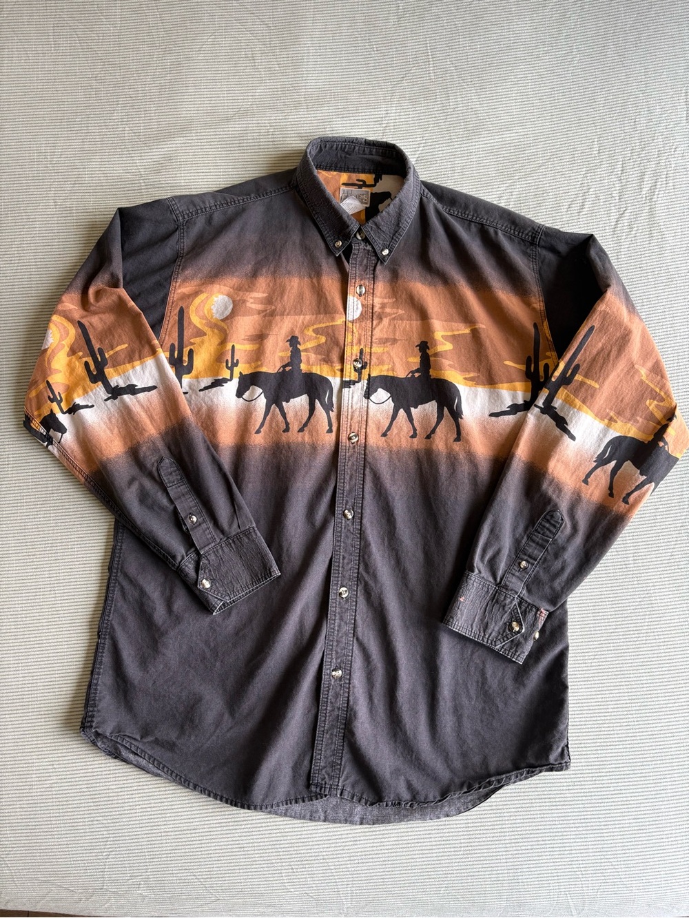 Vintage 90s Express Rider Western Button Shirt Rodeo Horse Sunset Dessert Size L